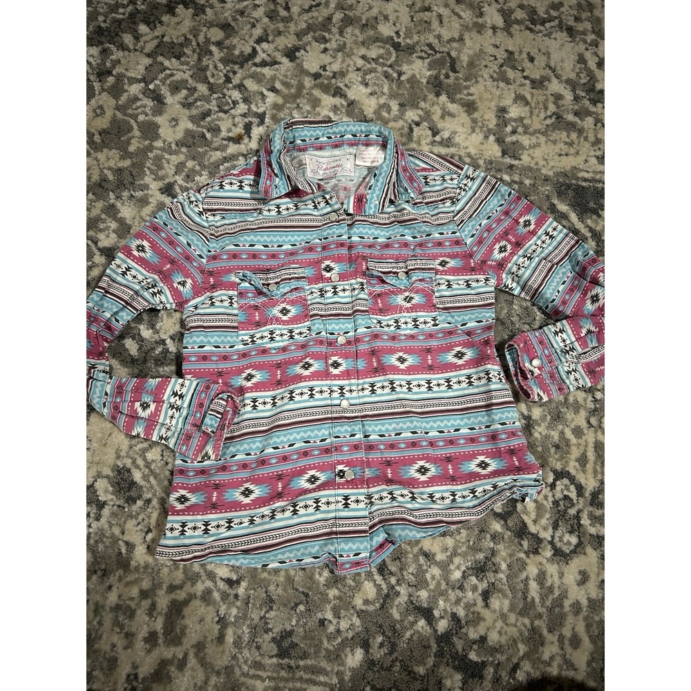 Panhandle Girls Western Pearl Snap Button Up Shirt Size Small Pink Aztec